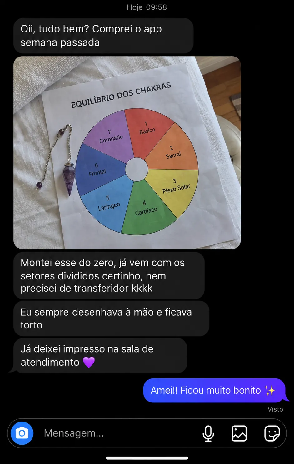 Instagram screenshot: a user shows a chakra balancing chart built from scratch in the app