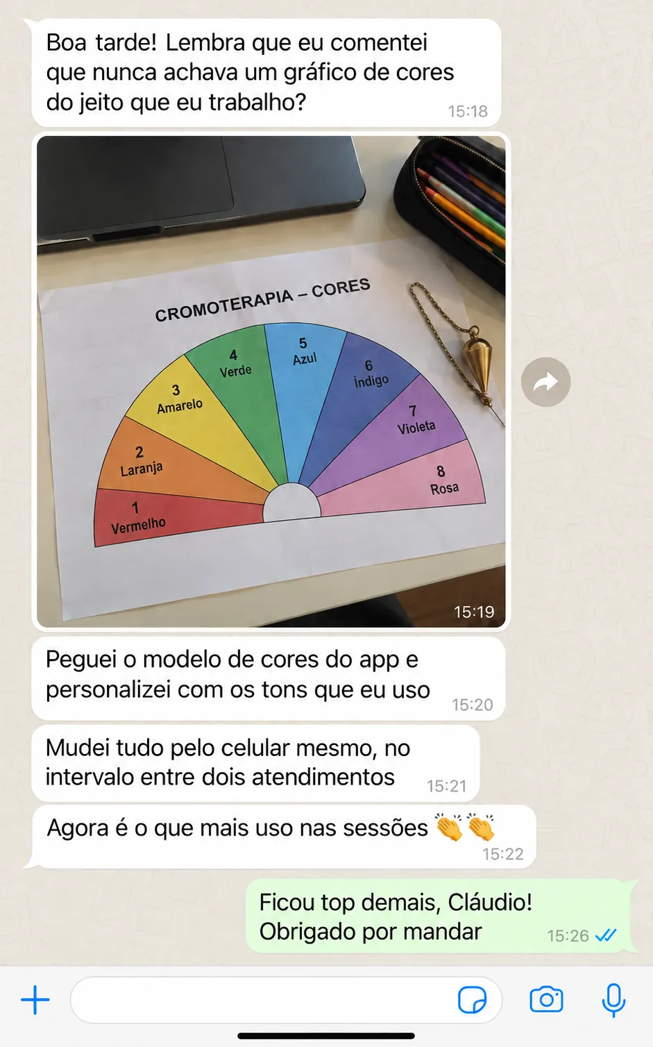 WhatsApp screenshot: a user shows a color therapy chart customized in the app